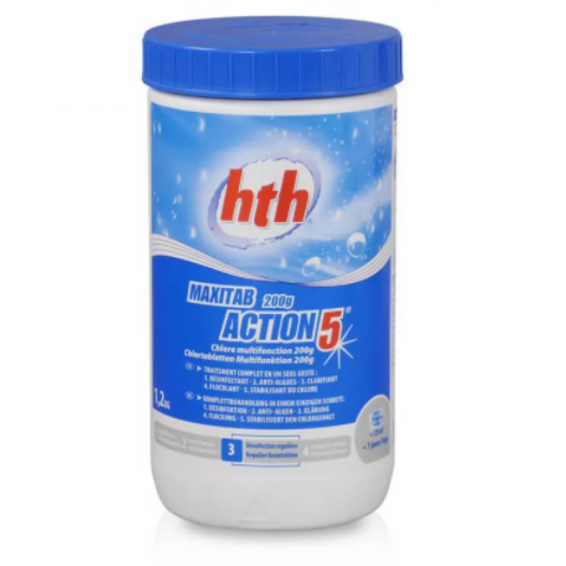 Многофункциональные таблетки maxitab Action 5 HTH, 200 гр. 1,2 кг. HTH многофункциональные таблетки 5-в-1 по 200 г, 1.2 кг. HTH maxitab Action 5 в 1. Комплексный препарат HTH 0.774 кг поплавок. Активный хлор 3 в 1